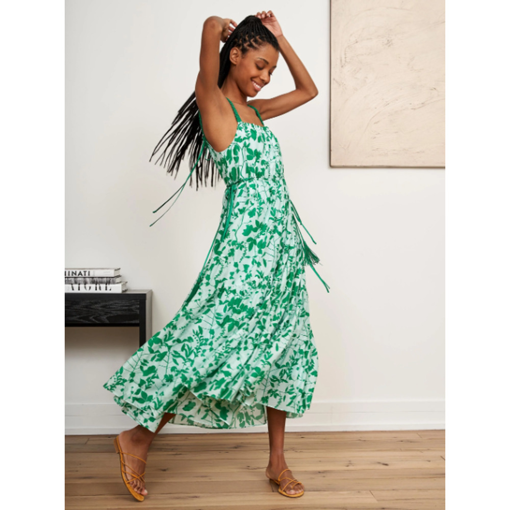 La Ligne Ines Dress Blue Green Leaf Print Tiered Sleeveless‎ Midi Sz XS
